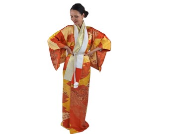 High Class Furisode Kimono in orange with beautiful flower pattern including Silk Obijime Belt / Japanese Silk  / Wearable Art / Wall deco