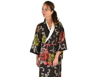 Silk Kimono Robe / Japanese Meisen Ikat Brown / Antique Robe Silk /  Ladies Japan Kimono with Silk cord belt / Kaftan / Dressing gown