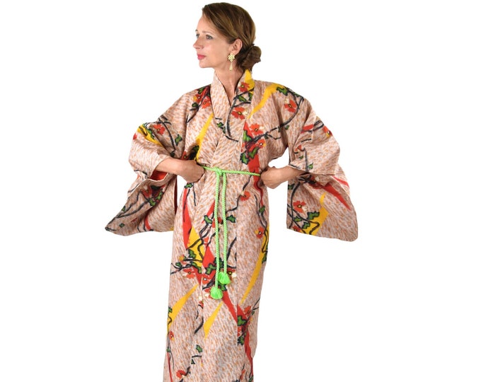 Japanese Meisen Ikat  Kimono / Hanami  / Antique Kimono Robe Silk /  Ladies Japan Kimono with Silk cord belt / Kaftan / Collectors item