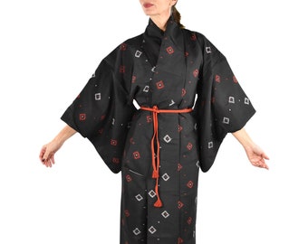 Japanese Antique Kimono, cleaned, black Meisen Silk Ikat, Japanese Kimono Robe Silk, including Silk Kumihimo belt, sexy dressing gown,