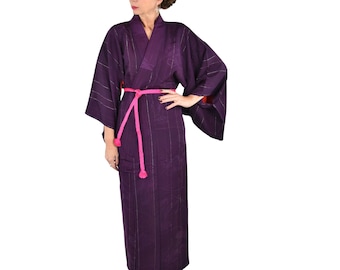 Japanese Antique Kimono Robe purple with Obijime silk belt / cleaned / sexy dressing gown / Lounge Wear / Kimonogirl
