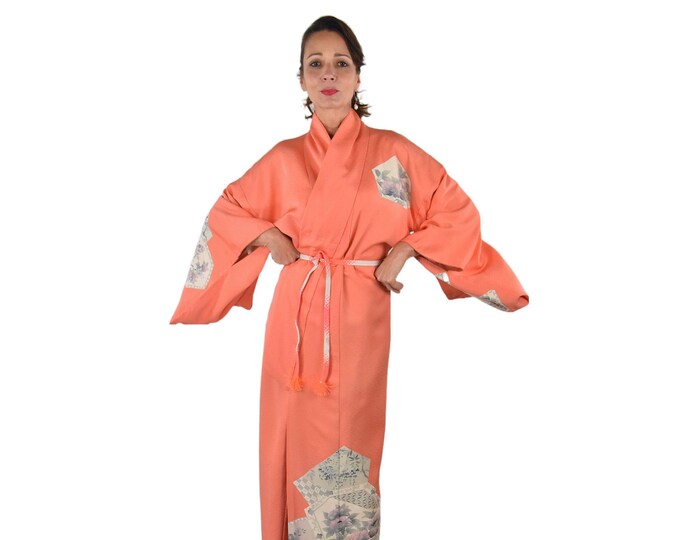 Japanese Vintage Kimono Robe in orange pink with silk belt / cleaned and ready to wear / sexy dressing gown / Lounge Wear
