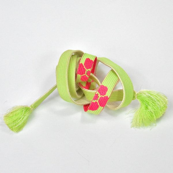 Ceinture Kumihimo vert citron et rose, Obijime en soie vintage, ceinture tressée, cordon de soie japonais, cadeau pour elle,