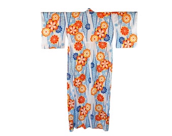 Japanese Yukata,  Summer Kimono in blue with silk Obijime belt, Cotton, Japanese Kimono, , Beachwear,