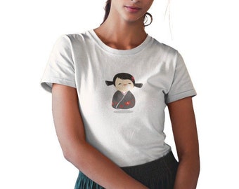 Fitted Style T-Shirt white with KimonoMaedchen Kokeshi , Present for her, Japan Lovers