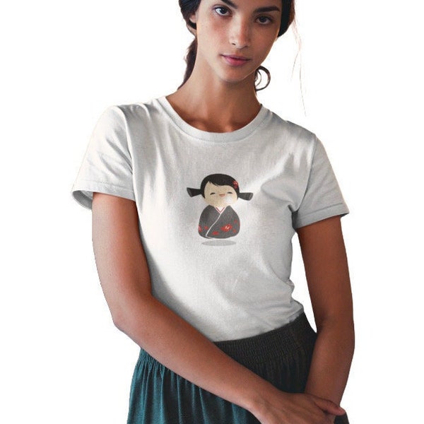 Aansluitend T-shirt met KimonoMaedchen Kokeshi, wit