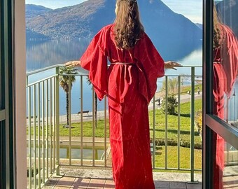 Red silk kimono, Japanese Kimono including silk belt, hand-stitched, light weight
