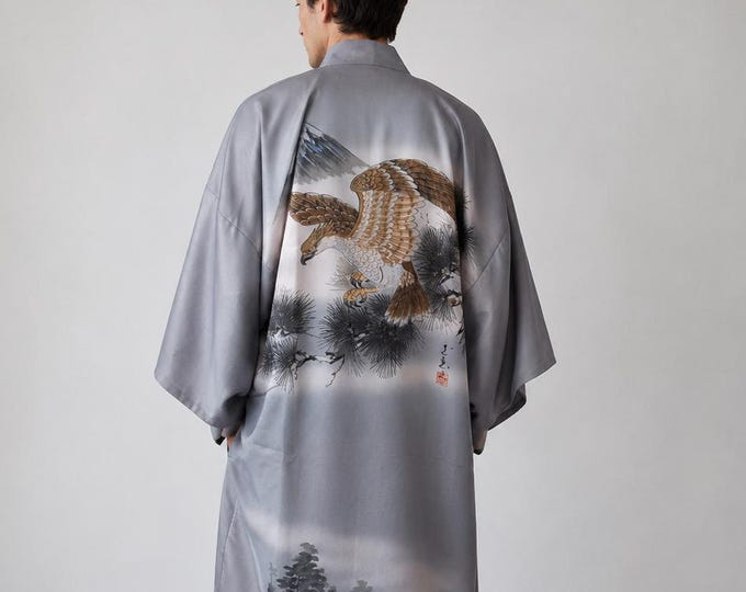 Japanese Kimono Coat for men, Nagajyuban, Eagle, Wall Decoration,  Unisex, Present for him, Kimonomädchen