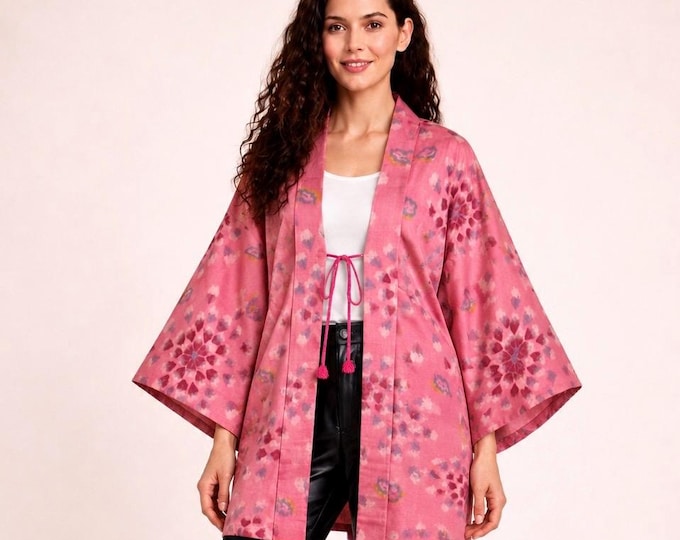 Rare Japanese Antique Meisen Ikat Kimono Jacket, silk Haori, Nagabori, Japanese short Kimono, sustainable fashion, Collectors Item