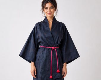 Luxurious Unisex Japanese Vintage Kimono Silk Robe with matching belt /Oshima Tsumugi /  Indigo Ikat / Lounge Wear / sustainable fashion