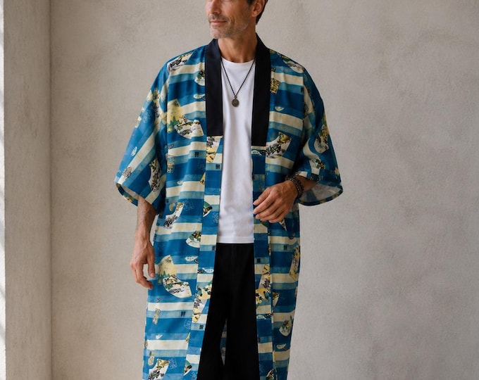 Japanese Kimono with beautiful landscape motif for him,  present for fathers Day and Japanlovers