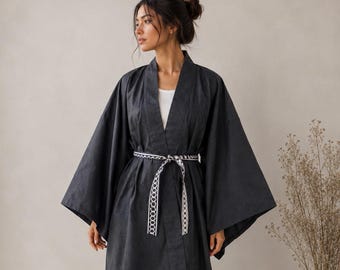 Unisex Japanese Vintage Kimono Silk Robe  with matching belt /Oshima Tsumugi /  Lounge Wear / dressing gown / sustainable fashion / big size