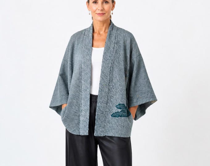 Grayish Blue Kimono Jacket, Japanese Shibori Batik, Haori, Silk Kimono Jacket,  ships from Germany