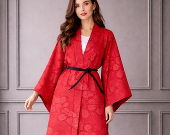 Japanese stylish Kimono coat in red made with Shibori Batik, Haori, Silk Kimono Jacket,  ships from Germany