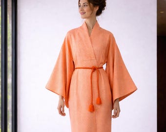 Big Size Shibori Batik Kimono  / Original silk Kimono / Japan / handmade Shibori Batik / Wearable Art / orange