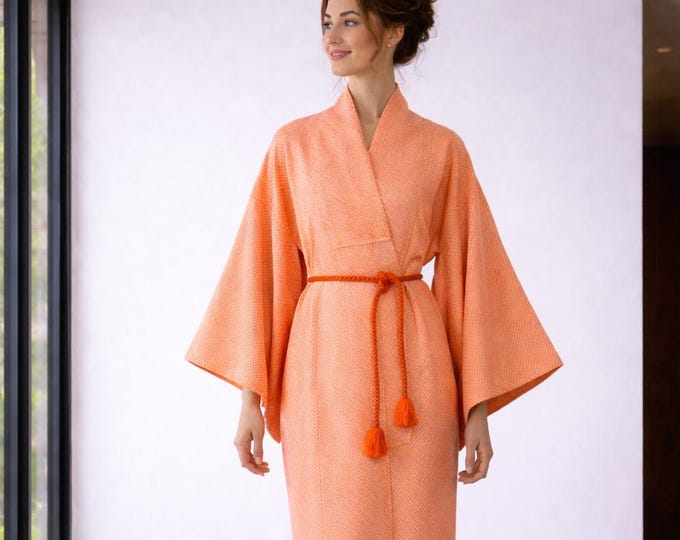 Big Size Shibori Batik Kimono  / Original silk Kimono / Japan / handmade Shibori Batik / Wearable Art / orange