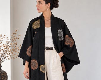 Black Elegant Japanese Kimono Jacket with woven in pattern, Original Japanese Haori, hand-sewn silk, Opera Evening