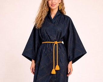 Luxurious Unisex Japanese Vintage Kimono Silk Robe with matching belt /Oshima Tsumugi /  Indigo Ikat / Lounge Wear / sustainable fashion