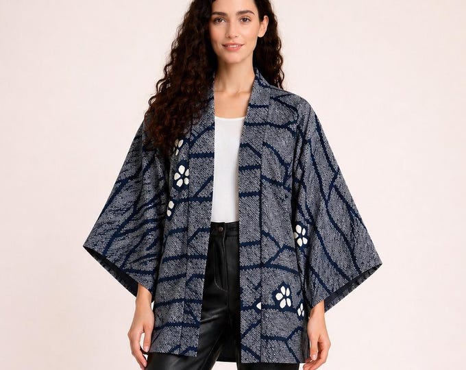 Grayish Blue Kimono Jacket, Japanese Shibori Batik, Haori, Silk Kimono Jacket,  ships from Germany