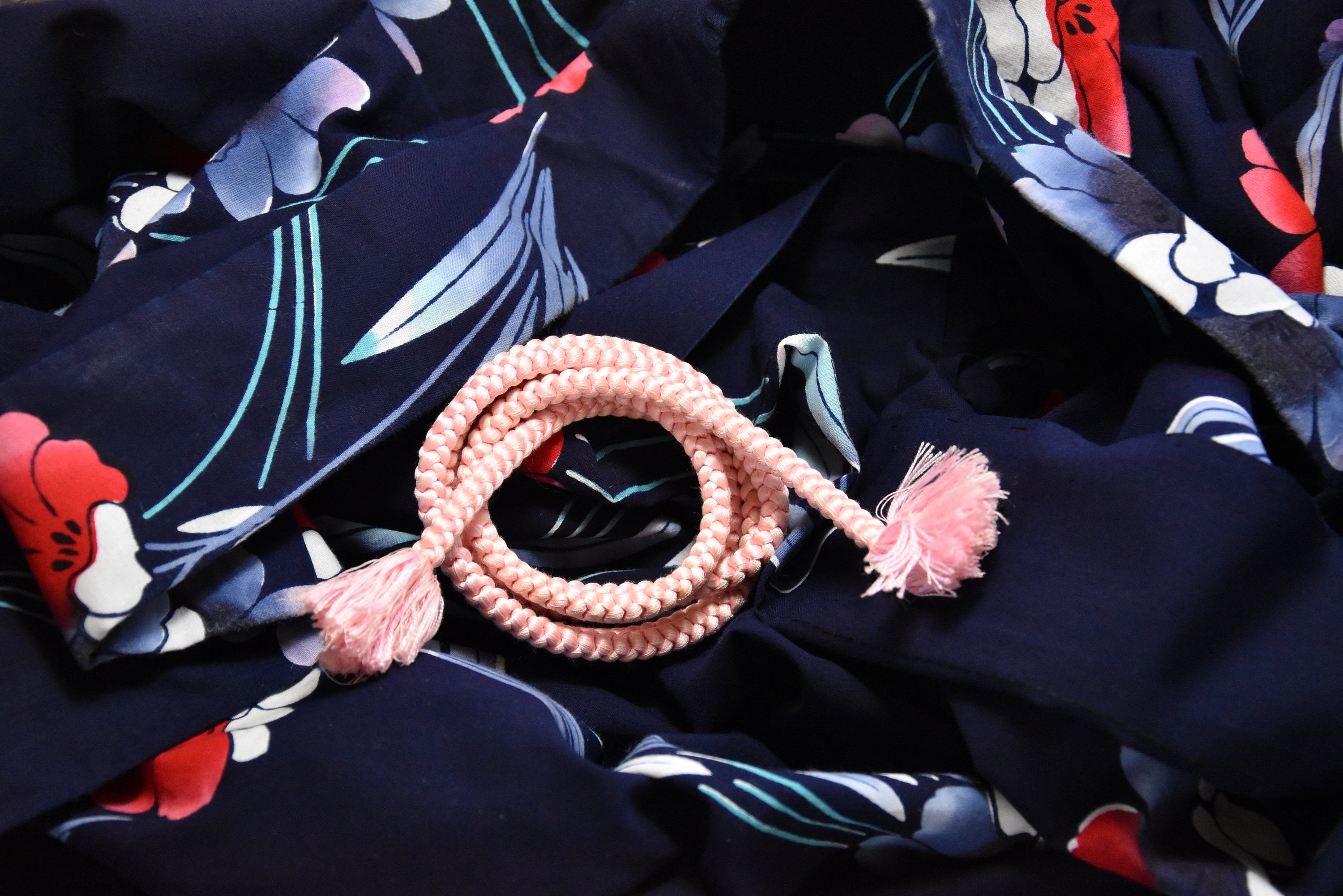 Japanese Yukata, Kimono in blue with silk Obijime belt, Cotton, Japanese Kimono, Dressing Gown