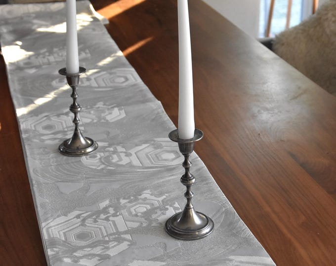 Elegant Centerpiece in silver and cream with exotic pattern, Japanese Obi Belt, Wall decoration, Kimono Belt silk, interior decoration,
