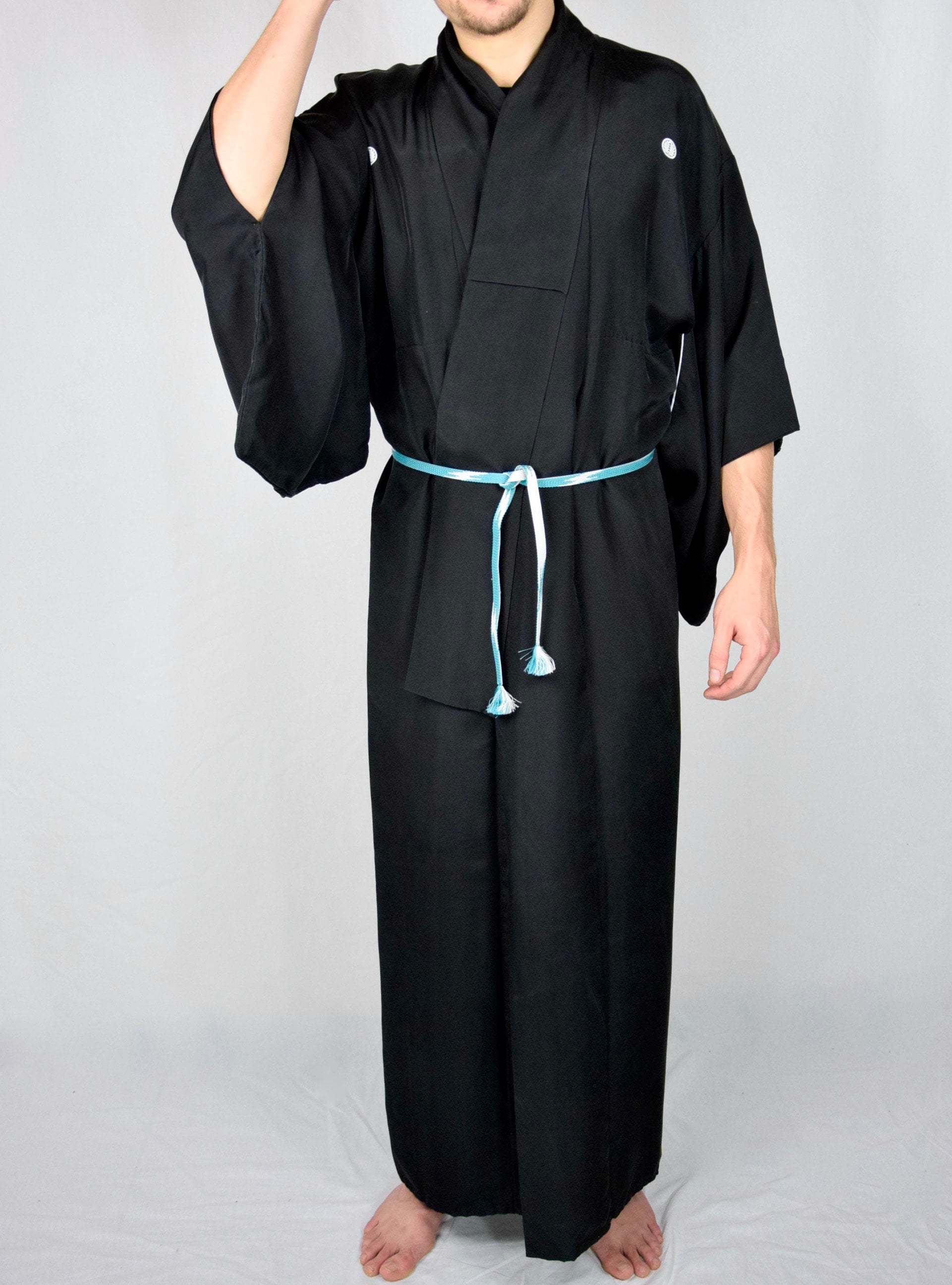 Japanese Vintage Kimono Robe Silk in black with Obijime Kumihimo belt