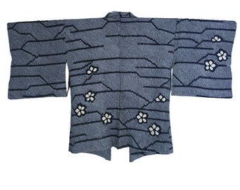 Grayish Blue Kimono Jacket, Japanese Shibori Batik, Haori, Silk Kimono Jacket,  ships from Germany