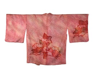 Japanese stylish Kimono Jacket in red orange Silk Shibori Batik, Haori, Silk Kimono Jacket,  ships from Germany