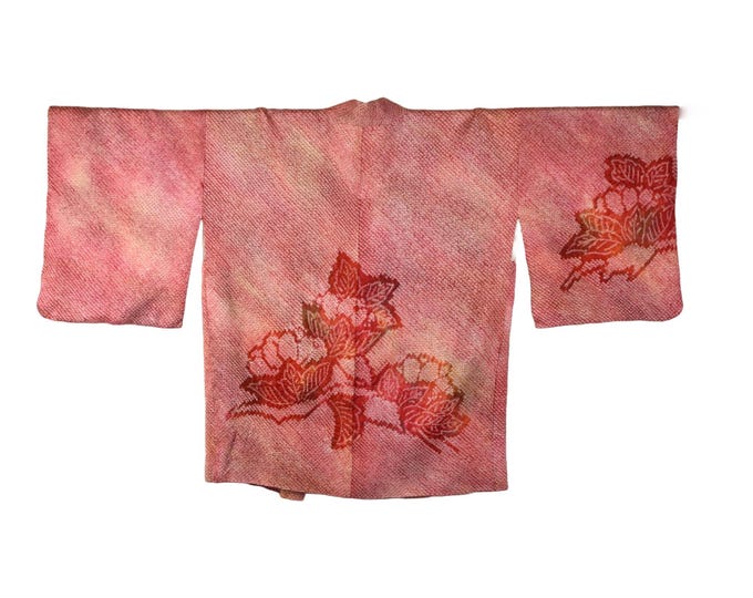 Japanese stylish Kimono Jacket in red orange Silk Shibori Batik, Haori, Silk Kimono Jacket,  ships from Germany