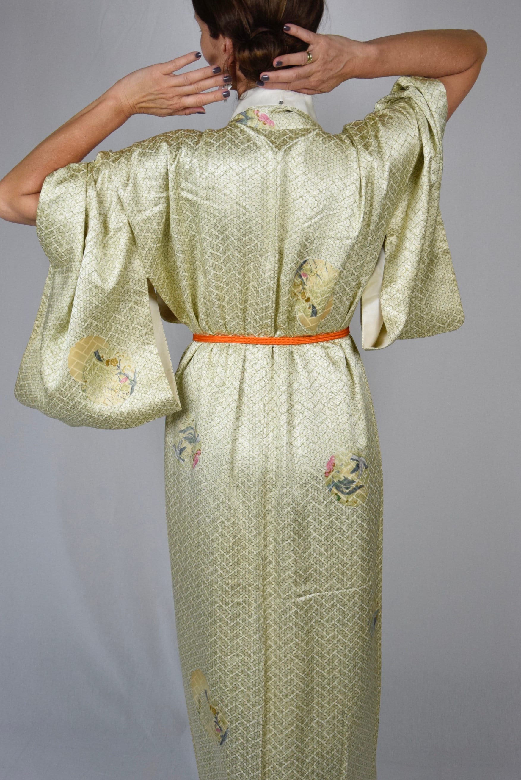 Japanese Vintage Kimono Robe Silk in green with free Obijime belt, Silk ...