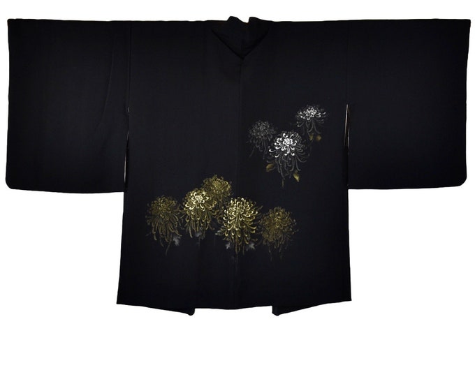 Elegant Japanese Kimono Jacket, black with gold & silver Hanami pattern, Original Japanese Haori, hand-sewn highßquality silk, Opera Evening