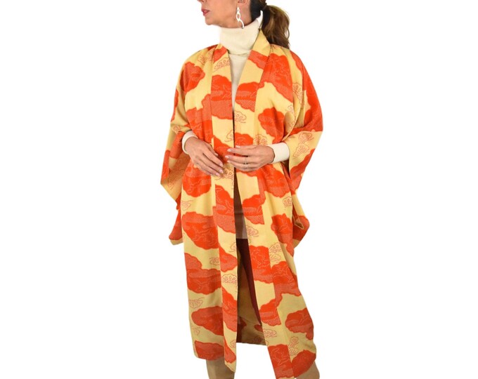 Antique Japanese Nagajyuban Kimono / cleaned orange silk  / summer coat  / Tunic / Ladies Summer Coat / Kaftan / dressing gown