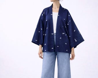 Blue Cool Japanese Kimono Jacket with butterfly pattern, Original Japanese Haori, hand-sewn silk,