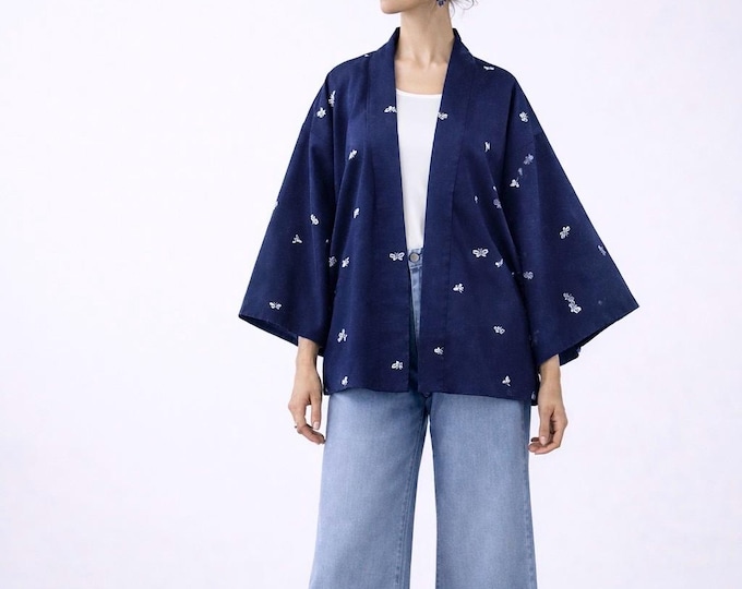 Blue Cool Japanese Kimono Jacket with butterfly pattern, Original Japanese Haori, hand-sewn silk,