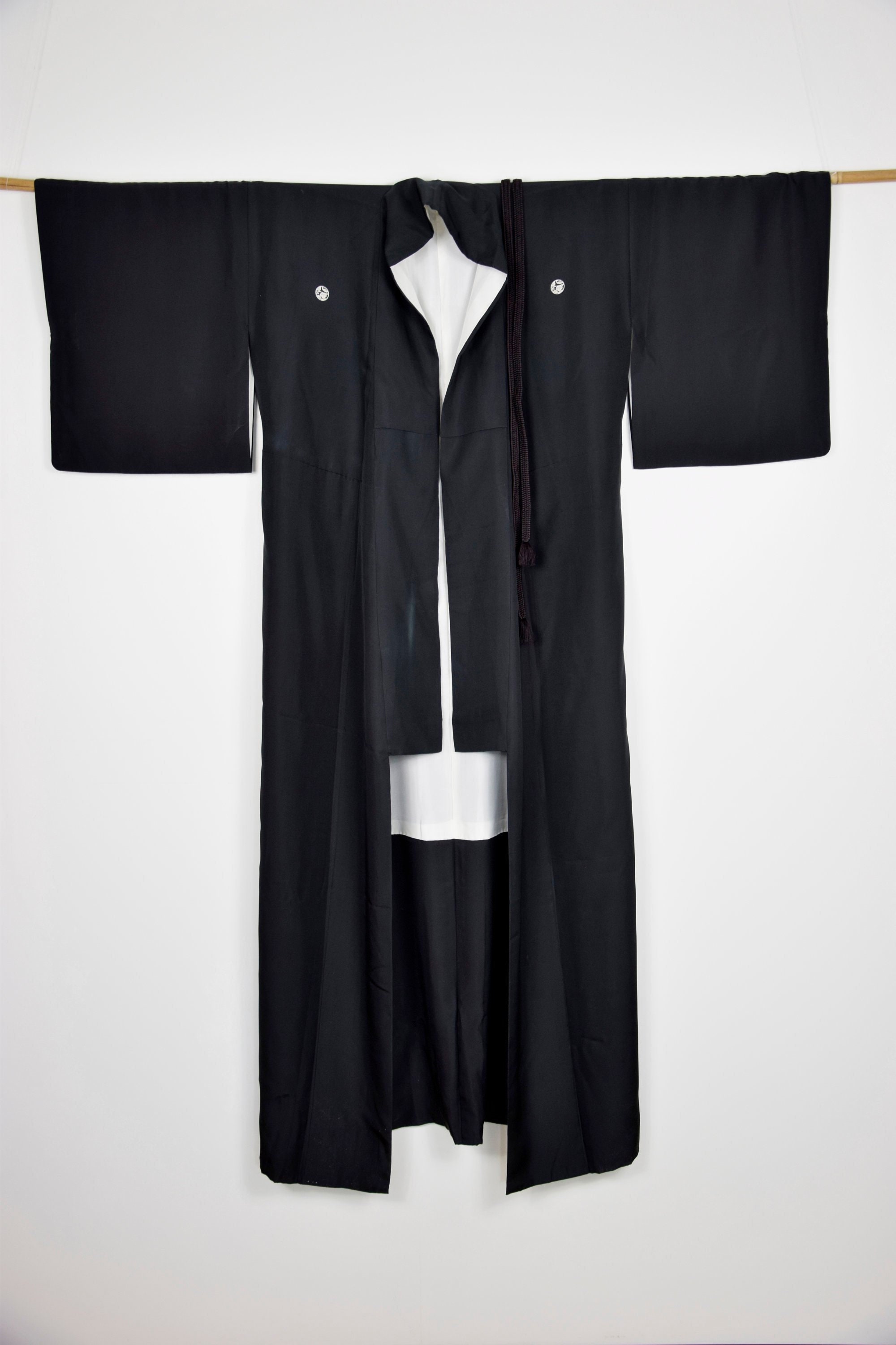 Japanese Vintage Kimono Robe Silk black with family crests and a silk hand braided Obijime belt