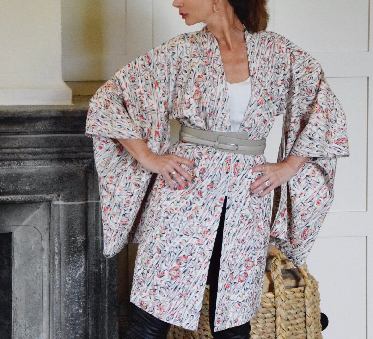 Japanese short Kimono made with Meisen Ikat Technique, silk Haori
