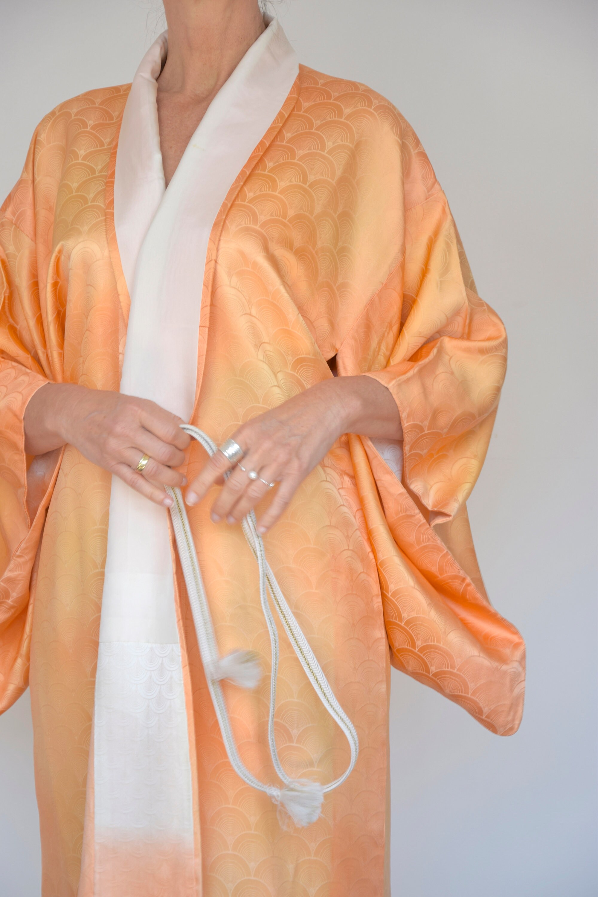 Japanese Vintage Kimono Robe Silk in apricot with Obijime belt, House