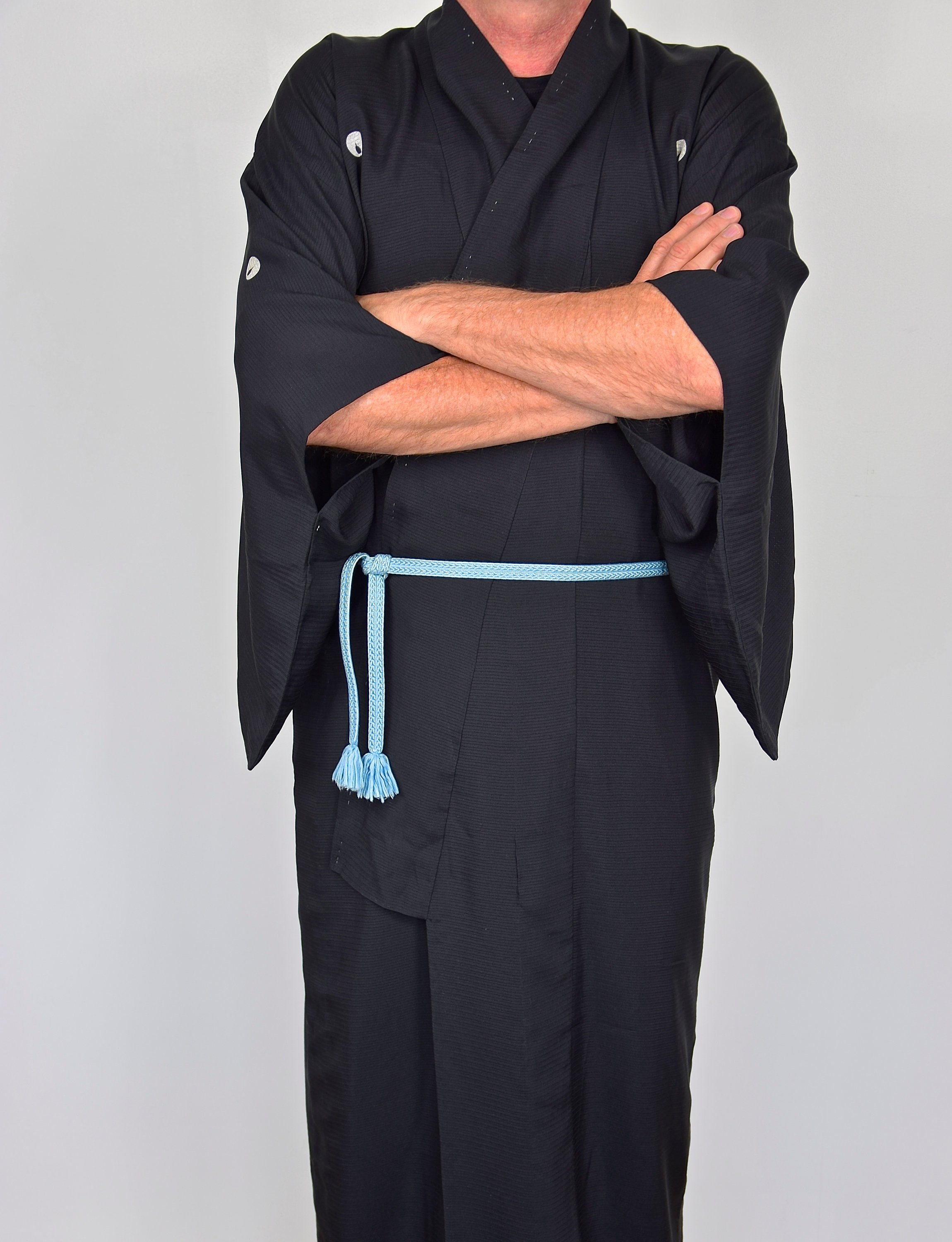 Japanese Vintage Kimono Robe Silk in black with Obijime Kumihimo belt ...