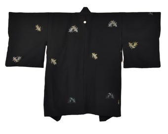 Black Elegant Japanese Kimono Jacket with woven in pattern, Original Japanese Haori, hand-sewn silk, Opera Evening