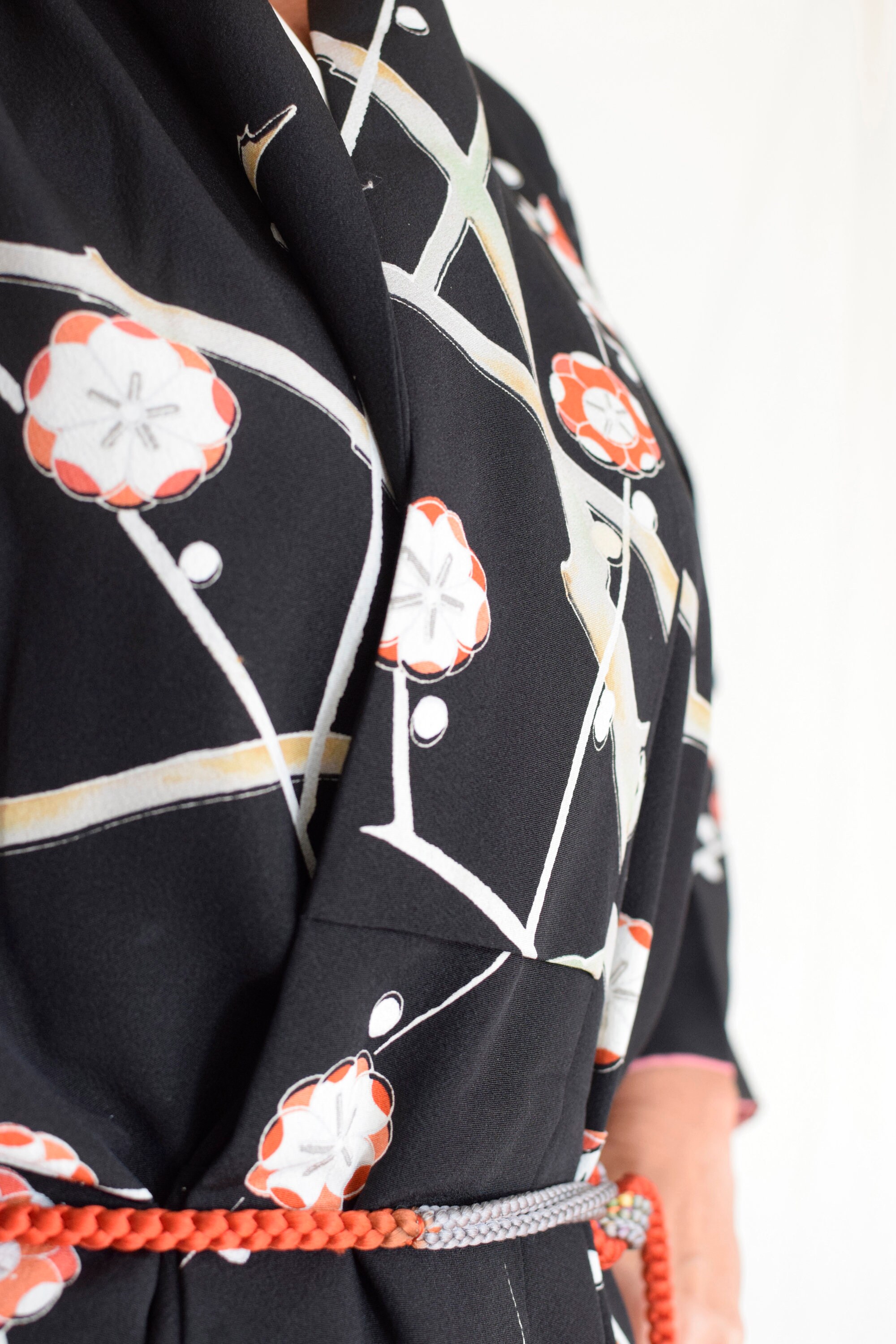 Japanese Vintage Kimono Robe black silk including Obijime (Kumihimo) belt, Silk Gown, Silk Robe