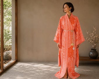 Authentic Japanese Furisode Kimono | Hand Dyed Shibori Silk Robe | Orange Floral Batik Kimono | Luxury Loungewear