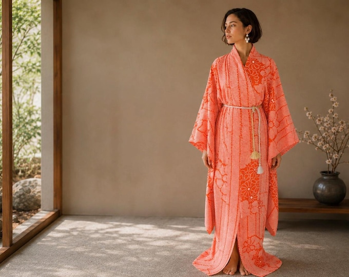 Authentic Japanese Furisode Kimono | Hand Dyed Shibori Silk Robe | Orange Floral Batik Kimono | Luxury Loungewear