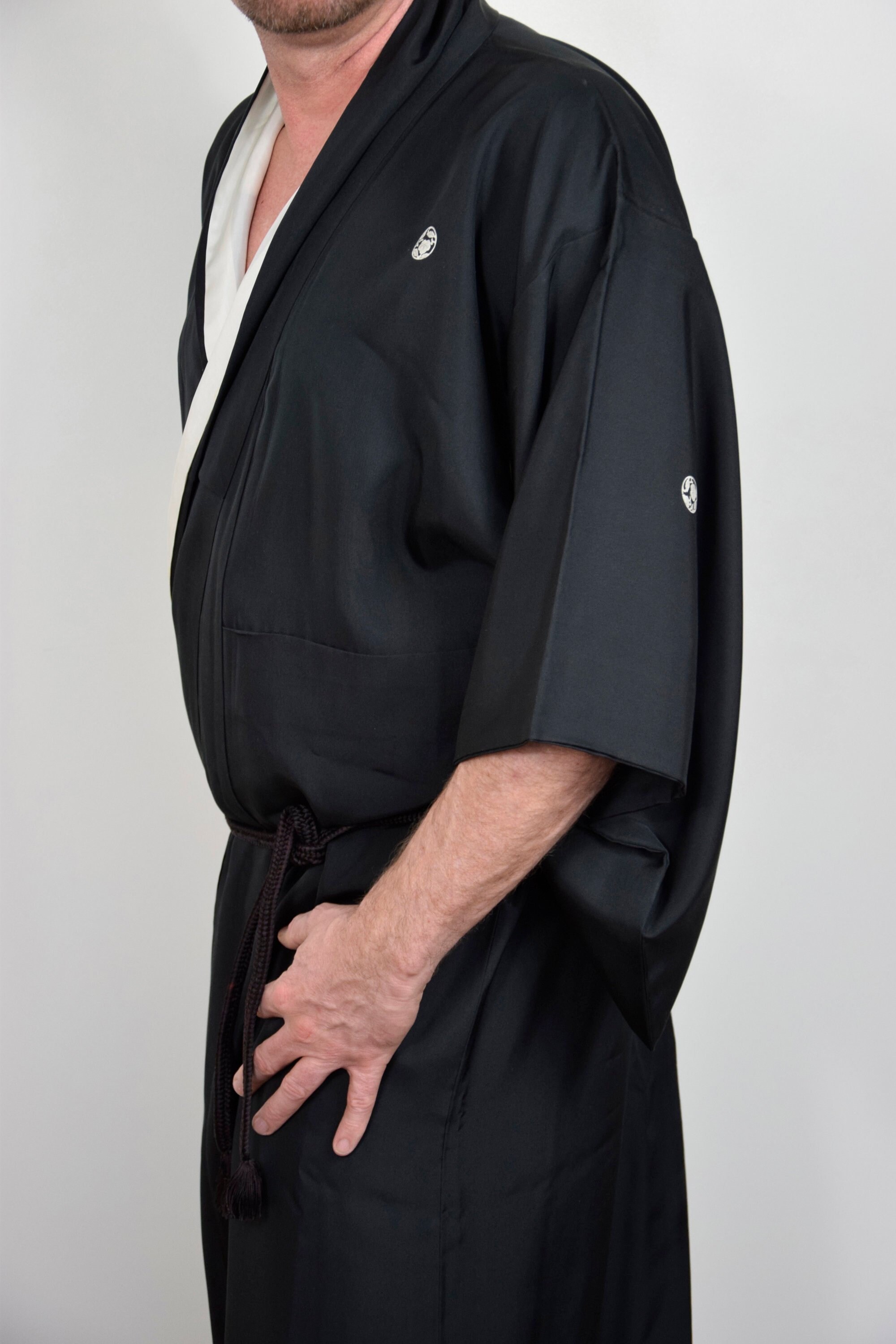 Japanese Vintage Kimono Robe Silk black with family crests and a silk