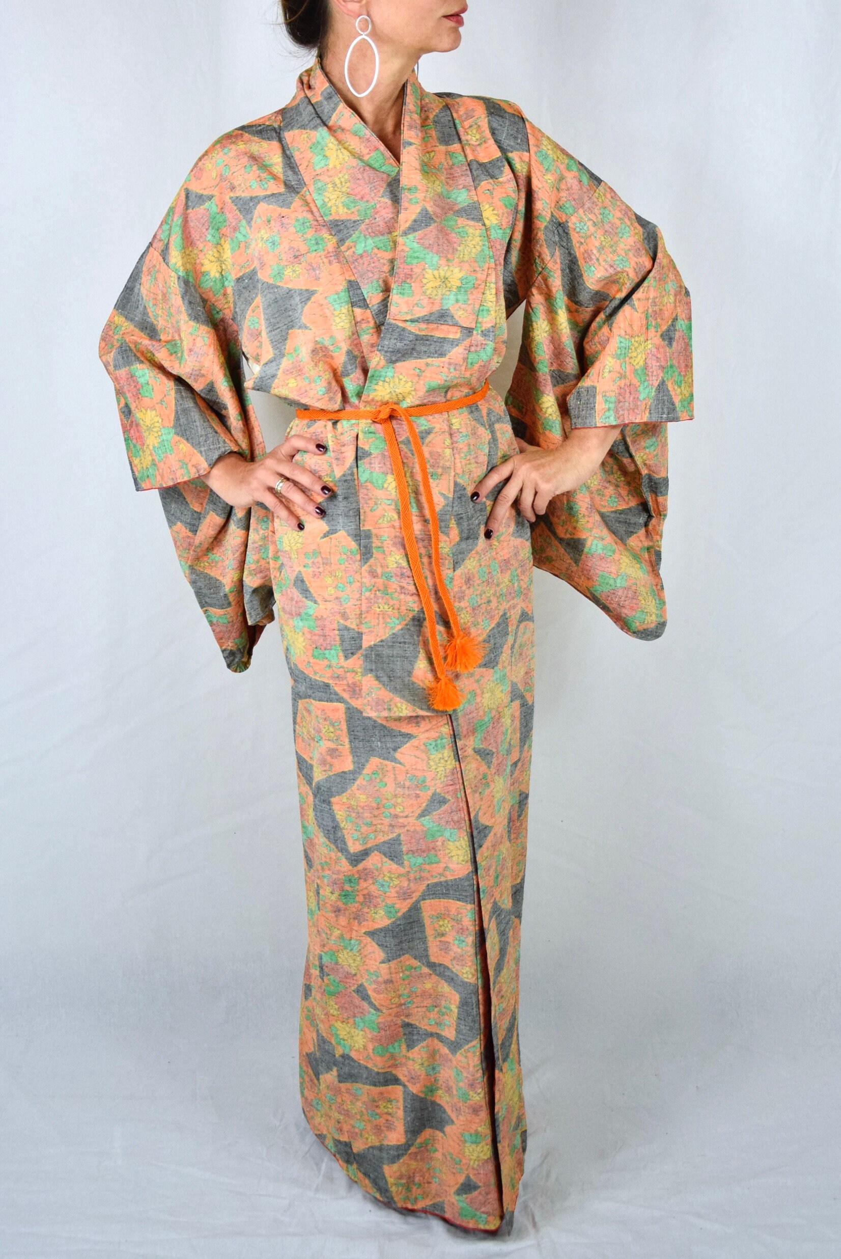 Cleaned Japanese Vintage Kimono Robe Silk with free Obijime belt, Silk