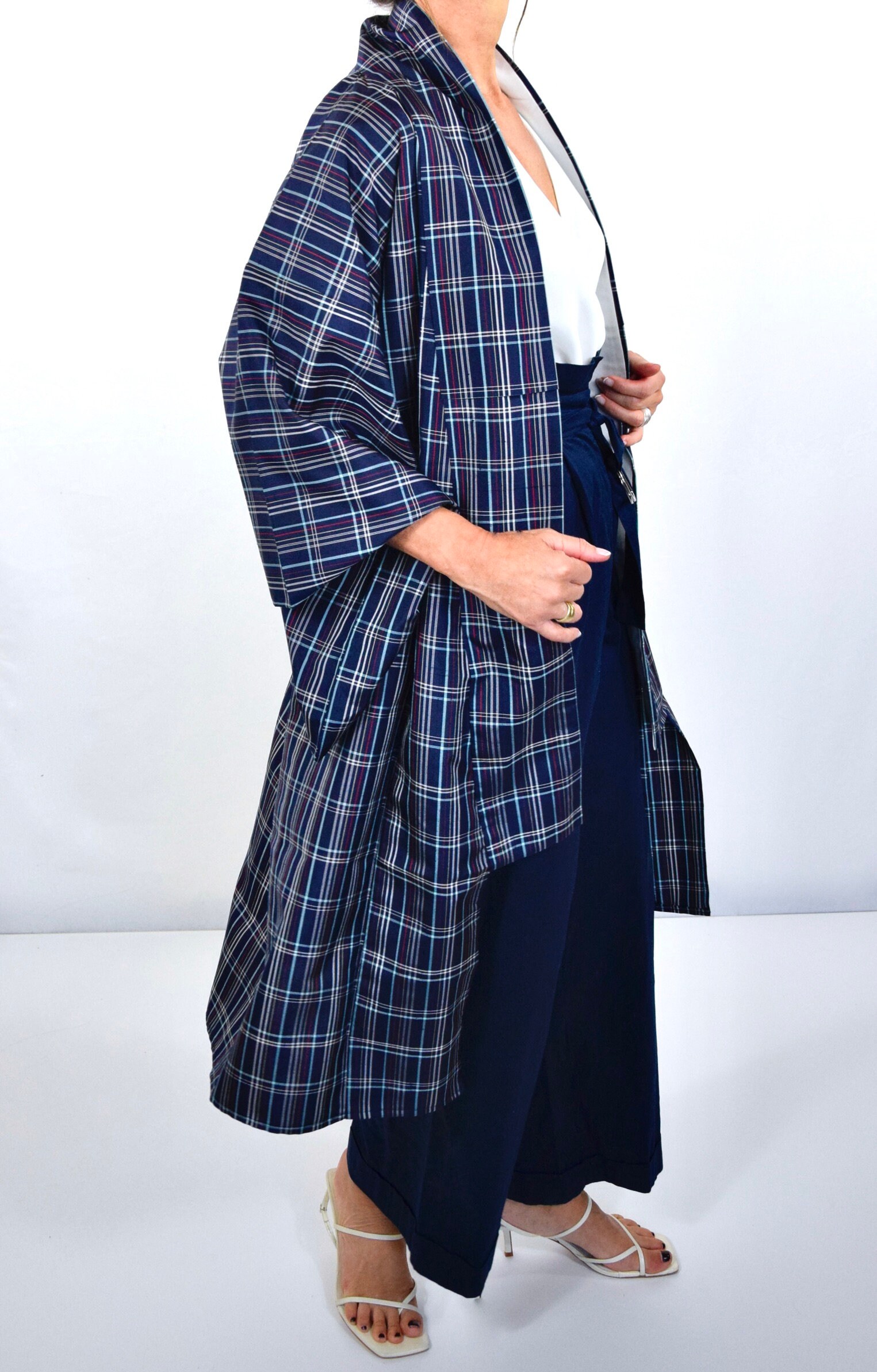 Kimono Coat with blue checks / silk / shortened and cleaned / Japanese