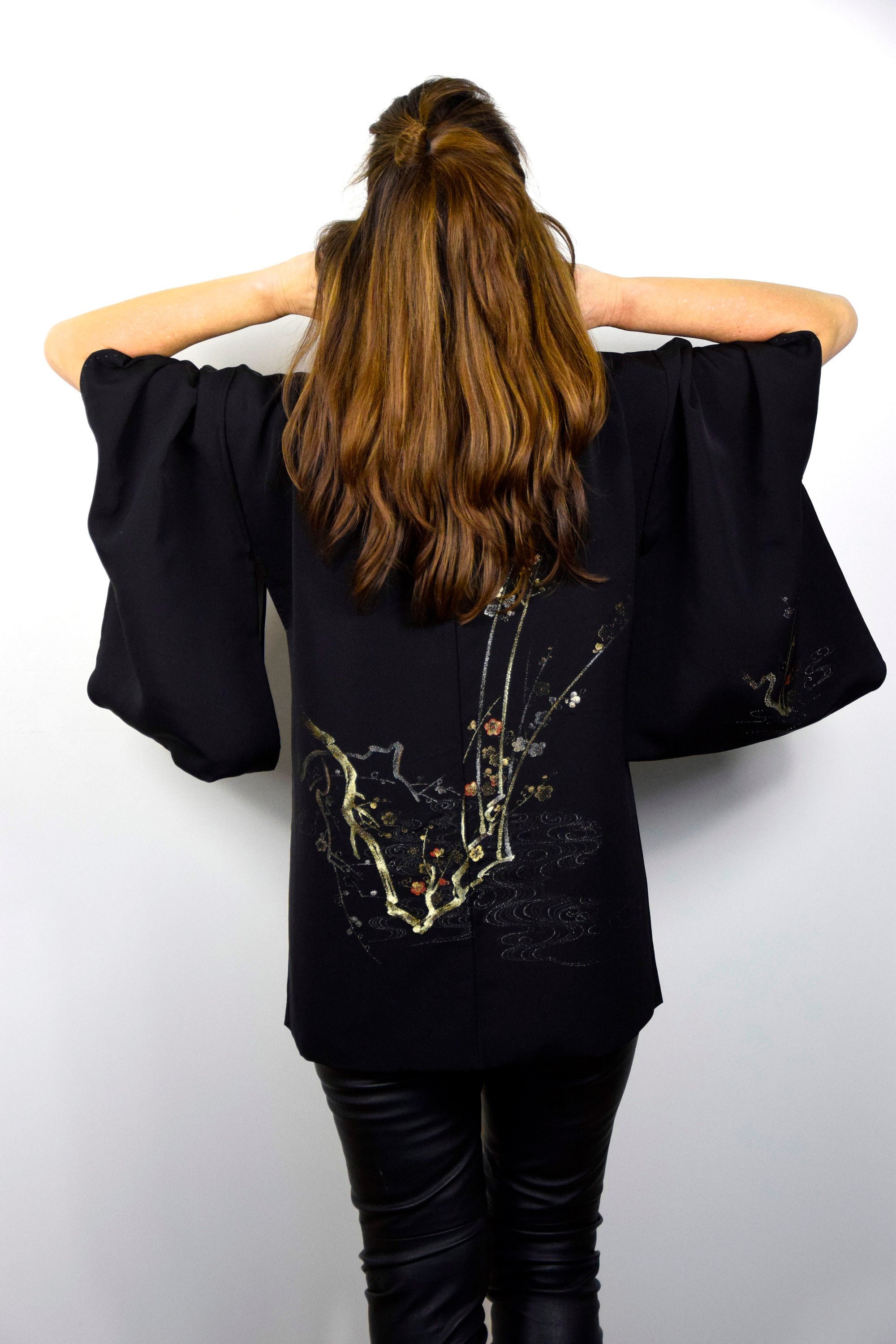 Vintage Haori, black elegant short Kimono Jacket , Vintage, Wabi Sabi ...