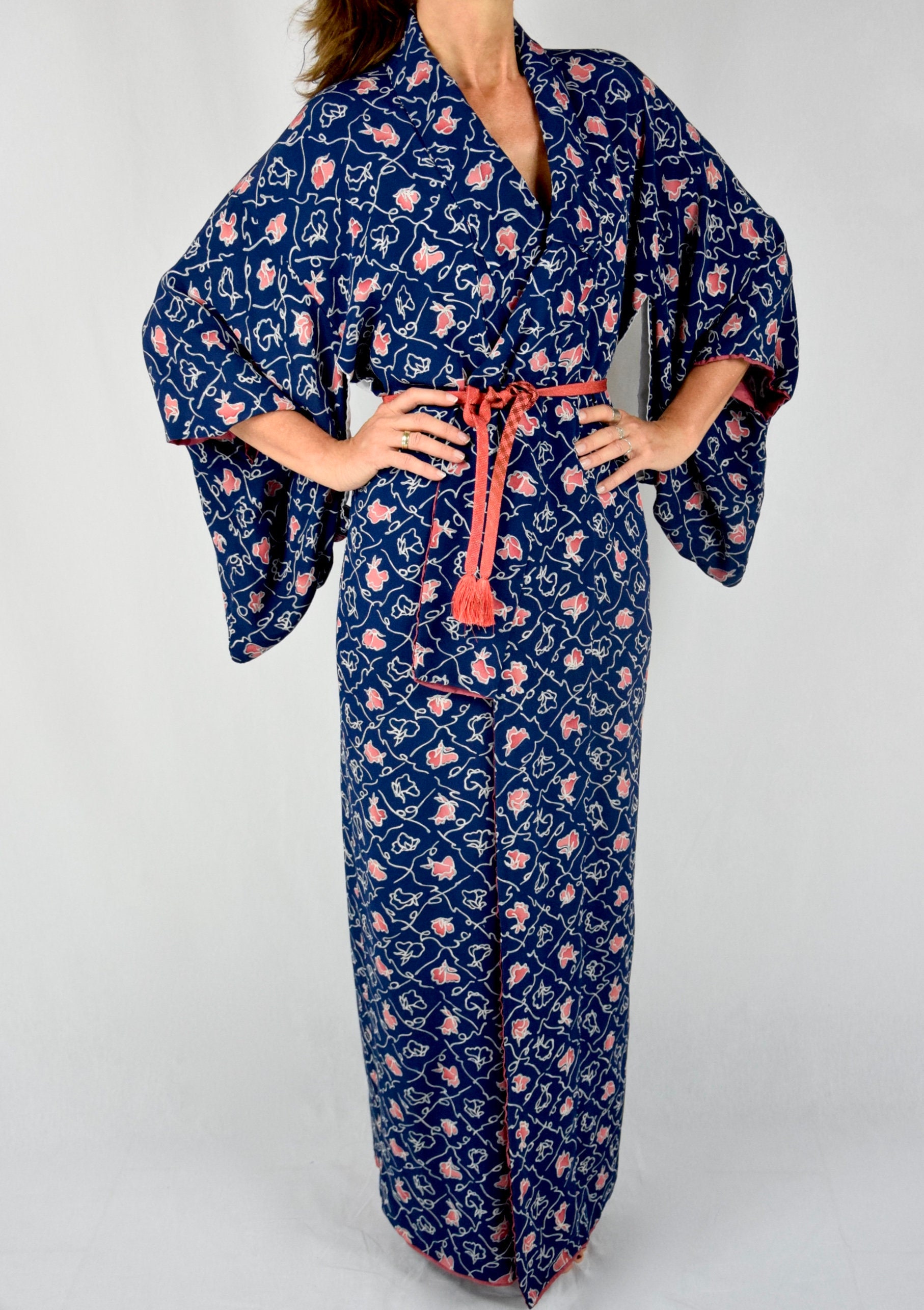 Kimono Dress, Japanese Vintage Kimono Robe in blue Silk with Obijime