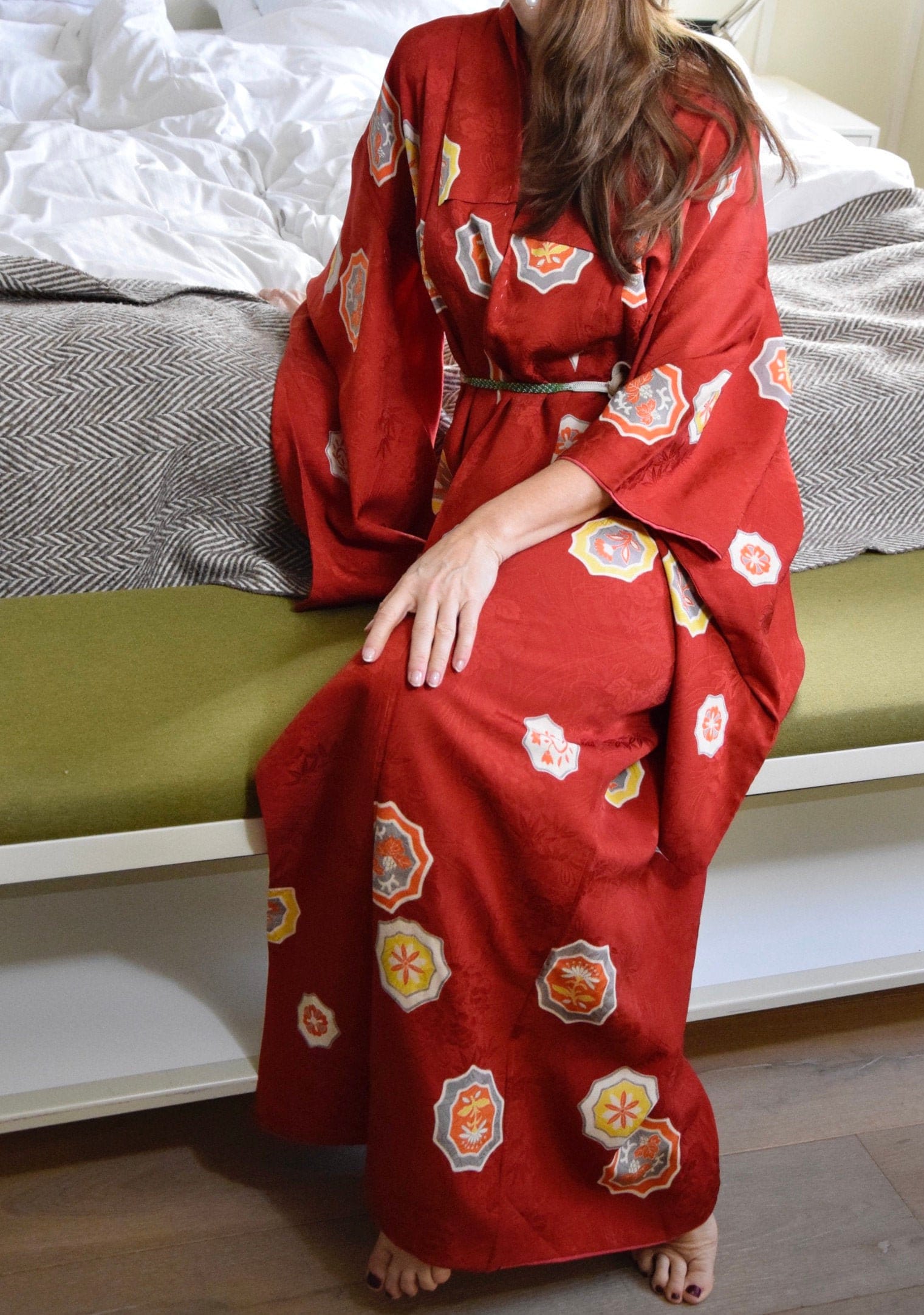 Antique Japanese Vintage Kimono Robe in red with free Obijime belt ...