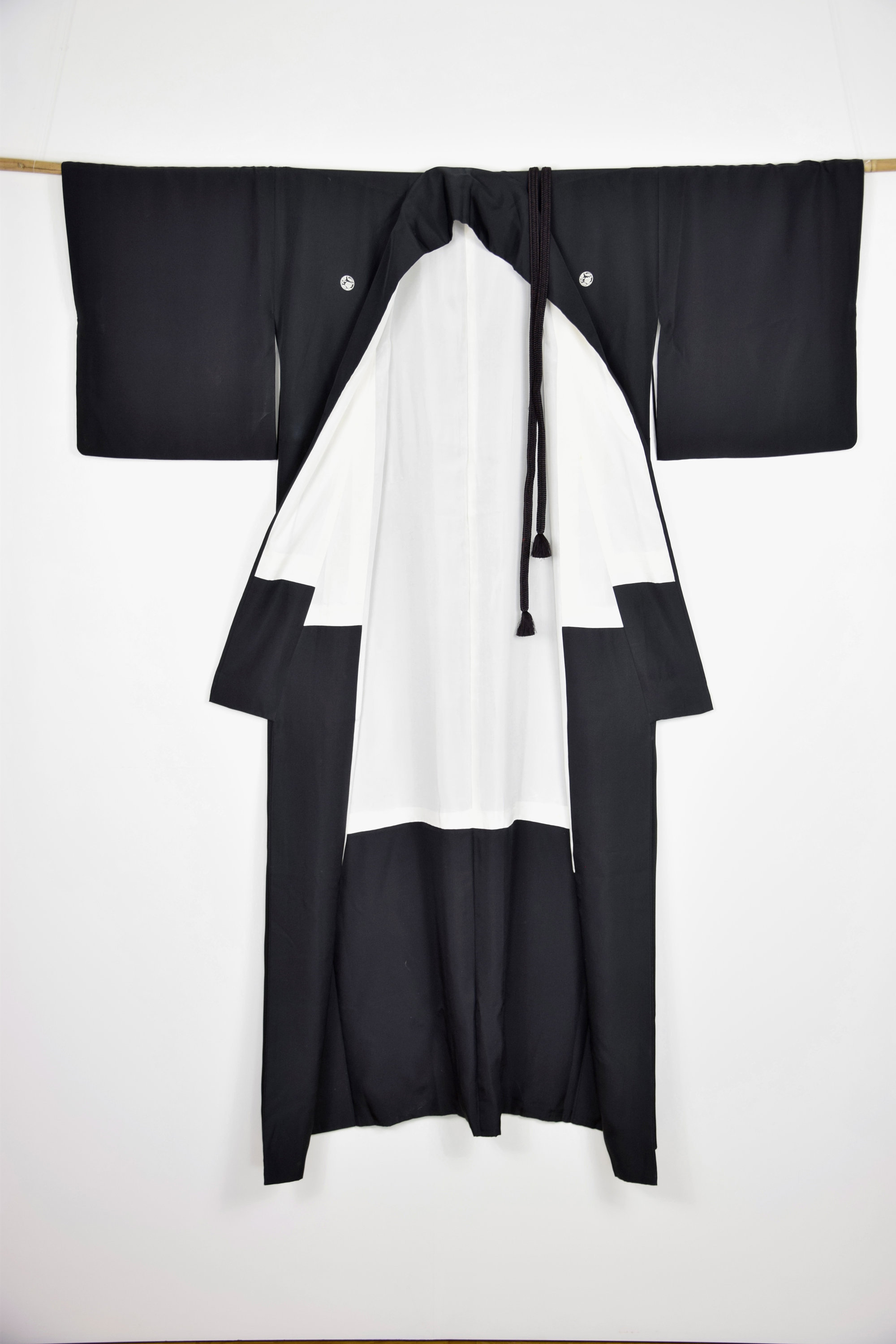 Japanese Vintage Kimono Robe Silk black with family crests and a silk hand braided Obijime belt