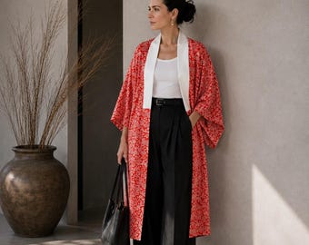 Orange red Lounge Wear / Silk Kimono  / cute flower pattern/ Ladies Summer Coat / Tunic / dressing gown